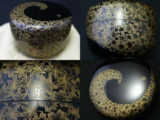 Japanese Lacquer Wooden Tea Caddy Unkin Design In Chinkin Hira - Natsume (614)
