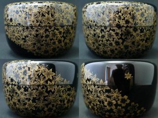 Japanese Lacquer Wooden Tea caddy UNKIN design in Chinkin Hira - Natsume (614) 5