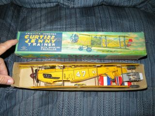 Nos Vintage Friction Powered Curtis Jenny Trainer Airplane Tin Toy Mib
