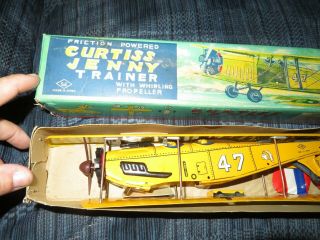 NOS Vintage Friction Powered CURTIS JENNY TRAINER AIRPLANE Tin Toy MIB 2