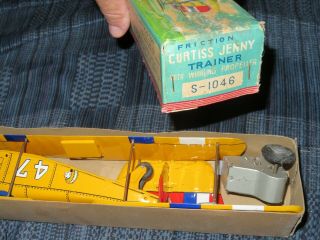 NOS Vintage Friction Powered CURTIS JENNY TRAINER AIRPLANE Tin Toy MIB 5