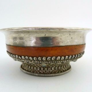 19th Century Tibetan Silver,  Turquoise & Burlwood Yak Butter Or Tsampa Tea Bowl