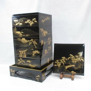H397: High - Class Japanese Tier Of Old Lacquered Boxes Jubako W/makie And Nashiji
