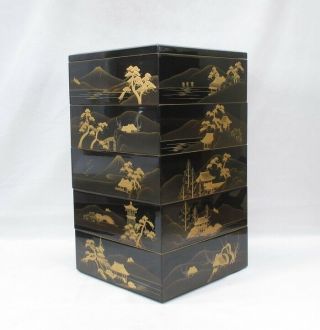 H397: High - class Japanese tier of old lacquered boxes JUBAKO w/MAKIE and NASHIJI 5