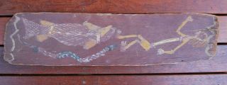 Very Early Aboriginal Bark Painting W.  Mimih Spirit,  Barramundi & A Snake