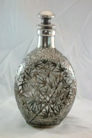 Antique Chinese Or Japanese Export Sterling Silver Overlay Decanter Bamboo Motif