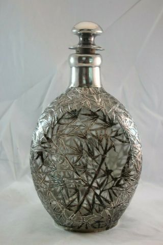 Antique Chinese or Japanese Export Sterling Silver Overlay Decanter Bamboo Motif 2