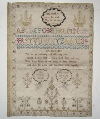 Old Antique Georgian Needlework Friendship Sampler By Mary Franklin 1800 - 01