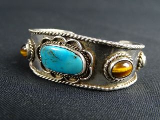Native American Indian Sterling Silver & Turquoise Cuff Bracelet Mexico C1970s