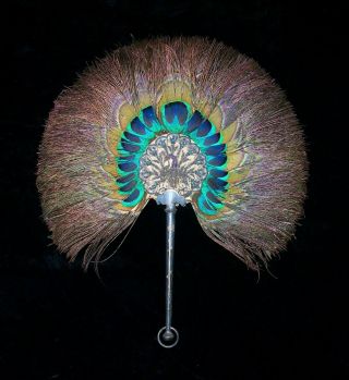 Antique 1900s Persian Peacock Feather Hand Fan Silver Handle Goldwork Embroidery