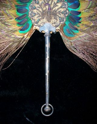 Antique 1900s Persian Peacock Feather HAND FAN Silver Handle Goldwork Embroidery 8