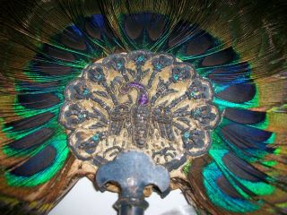 Antique 1900s Persian Peacock Feather HAND FAN Silver Handle Goldwork Embroidery 9