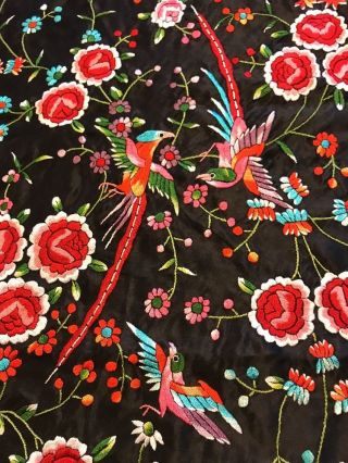 Lovely c1900 Hand Embroidered Victorian Chinese Piano Shawl Floral & Birds 54x54 11