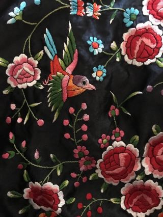 Lovely c1900 Hand Embroidered Victorian Chinese Piano Shawl Floral & Birds 54x54 2