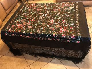 Lovely c1900 Hand Embroidered Victorian Chinese Piano Shawl Floral & Birds 54x54 3