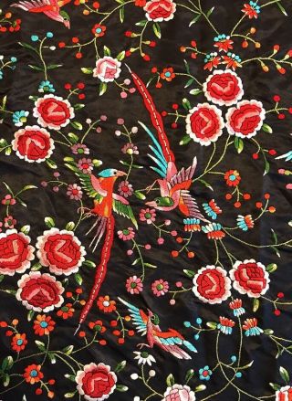 Lovely c1900 Hand Embroidered Victorian Chinese Piano Shawl Floral & Birds 54x54 4