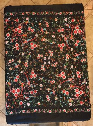Lovely c1900 Hand Embroidered Victorian Chinese Piano Shawl Floral & Birds 54x54 7
