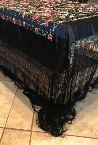 Lovely c1900 Hand Embroidered Victorian Chinese Piano Shawl Floral & Birds 54x54 8