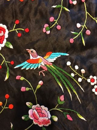Lovely c1900 Hand Embroidered Victorian Chinese Piano Shawl Floral & Birds 54x54 9