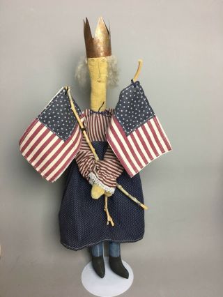 Tall Folk Art Lady Liberty Primitive Cloth Doll 2 Flags Stand Patriotic 4th July
