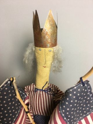 Tall Folk Art Lady Liberty Primitive Cloth Doll 2 Flags Stand Patriotic 4th July 2