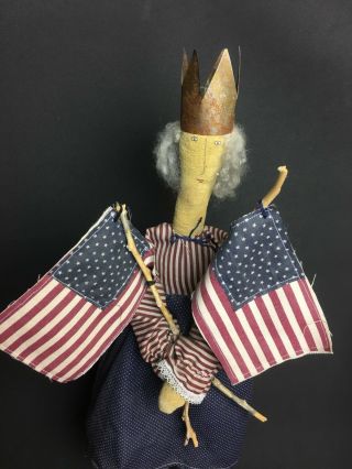 Tall Folk Art Lady Liberty Primitive Cloth Doll 2 Flags Stand Patriotic 4th July 7