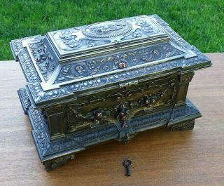 19c.  French Empire Napoleon Iii L.  Oudry Silver Bronze Jewelry Casket Box Neptune