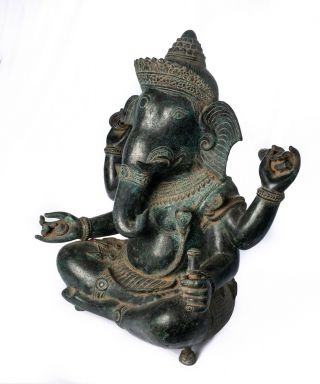 Antique Khmer Style Large Seated Bronze Ganesha Statue - 58cm/23 