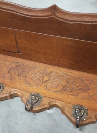 6 ' Wide Salvage Antique French Carved Oak Coat Rack Hall 11 Hook Shelf Rack 4