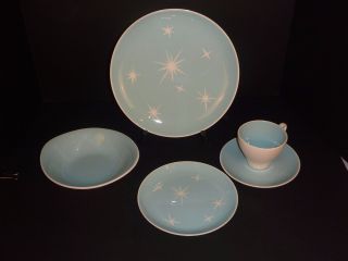 Vtg Mid Century Harkerware Star Lite Sky Blue Starburst 5 Pc Place Setting