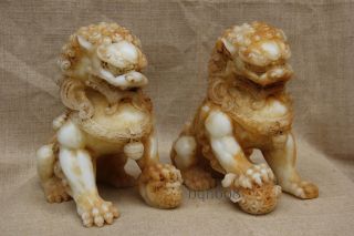11 " A Pair Rare Old Antique White Jade Palace Foo Dog Lion Statue
