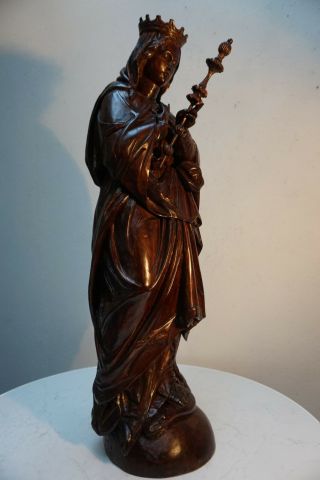 Antique Large (35) Fine Carved Wood Statue Of Virgin Mary