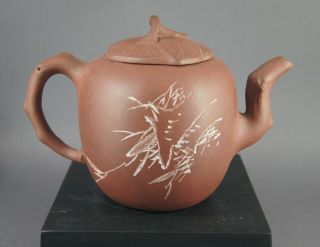 FINE CHINESE YIXING TEAPOT W/ CARVED INSCRIPTION & CHARACTER MARK TO BASE NR 2