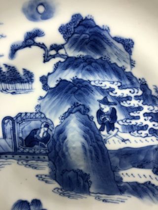 19th C.  Chinese Blue and White Dish with Figures and Boat Landscape Kangxi mark 2