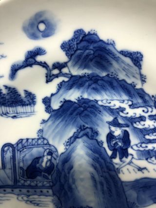 19th C.  Chinese Blue and White Dish with Figures and Boat Landscape Kangxi mark 8