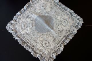 Antique Lace - Exquisite Lawn Handkerchief W/whitework,  Needle Lace,  Valencienne
