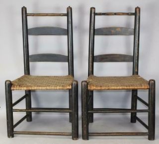 Rare 17th C Pilgrim Ladderback Chairs Rare Carver Top Rail In Old Paint