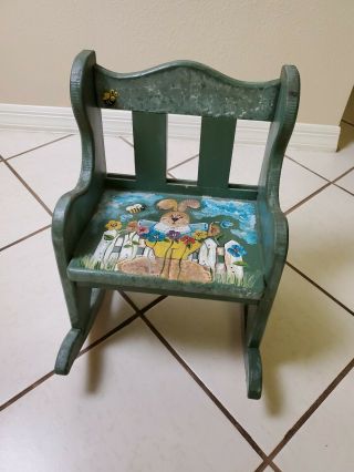 Hand painted child baby toddler doll rocking chair green bunny amish antique 11