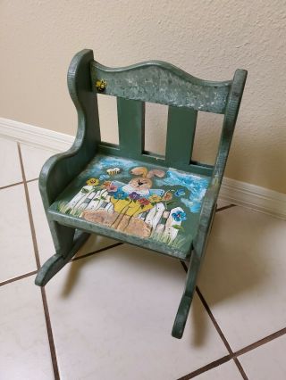 Hand Painted Child Baby Toddler Doll Rocking Chair Green Bunny Amish Antique