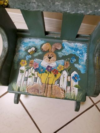Hand painted child baby toddler doll rocking chair green bunny amish antique 3