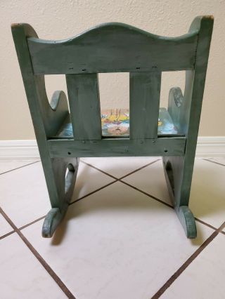 Hand painted child baby toddler doll rocking chair green bunny amish antique 6