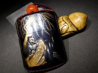 Makie Lacquered Bear Inro W Ojime,  Netsuke 18 - 19thc Japanese Edo Inro Antique