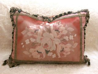 ANTIQUE AUTHENTIC AUBUSSON TAPESTRY PILLOW FLORAL 17 