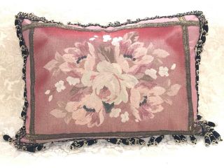 ANTIQUE AUTHENTIC AUBUSSON TAPESTRY PILLOW FLORAL 17 