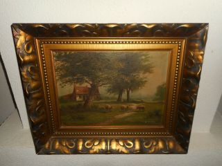 Old Oil Painting,  { Landscape With A Farm And Sheep,  Great Frame }.  Is Antique