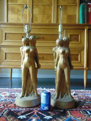 Vtg (1960s) Adam & Eve Xxx Nude Lamps.  Pair.  31 " Base To Harp.