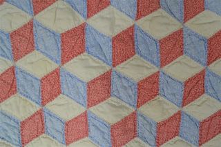 Quilt Patchwork Tumbling Block Red Blue 70x78 Civil War Era Antique 19th C