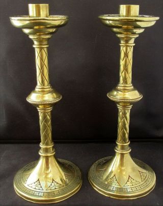 Antique Victorian Brass Candlesticks,  Gothic Design In The Style Of Pugin,  C1870