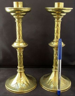 Antique Victorian brass candlesticks,  Gothic design in the style of Pugin,  c1870 2