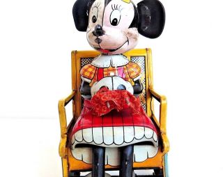 Vintage Linemar Disney Minnie Mouse Rocking Chair Tin Wind Toy 6